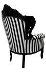 Grand fauteuil de style baroque rayé noir et blanc et bois noir