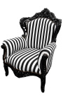Didelis baroko stiliaus fotelis dryžuotas juodai balta ir juoda mediena