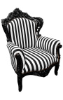Nagy barokk stílusú fotel csíkos fekete-fehér és fekete fa