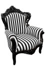 Grand fauteuil de style baroque rayé noir et blanc et bois noir