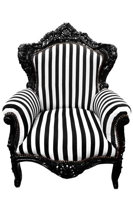 Duży fotel w stylu barokowym w paski czarno-biało-czarne drewno