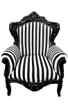 Grand fauteuil de style baroque rayé noir et blanc et bois noir