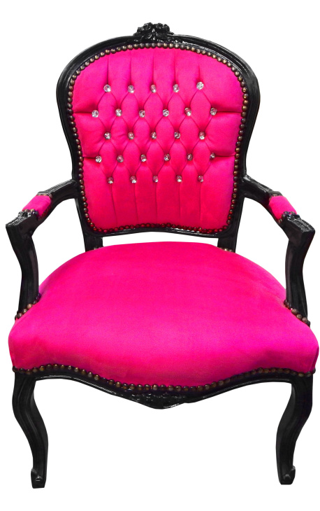 Barokk lenestol i Louis XV-stil i fuchsia med krystallsteiner og svartlakkert tre 