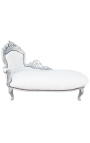 Chaise longue barroca gran en teixit d'imitació de pell blanca i fusta platejada