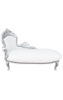 Grande chaise longue barocca in tessuto ecopelle bianco e legno argento