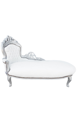 Chaise longue barroca gran en teixit d'imitació de pell blanca i fusta platejada