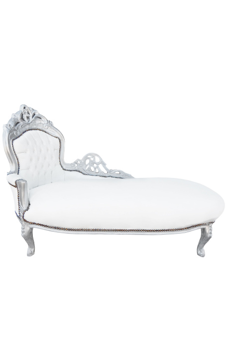 Grande chaise longue barocca in tessuto ecopelle bianco e legno argento