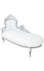 Chaise longue barroca gran en teixit d'imitació de pell blanca i fusta platejada