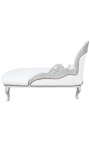 Chaise longue barroca gran en teixit d'imitació de pell blanca i fusta platejada