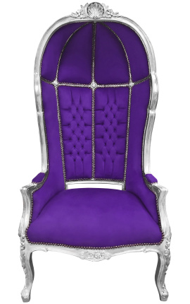 Sedia da gran portiere in stile barocco in velluto viola e legno argentato