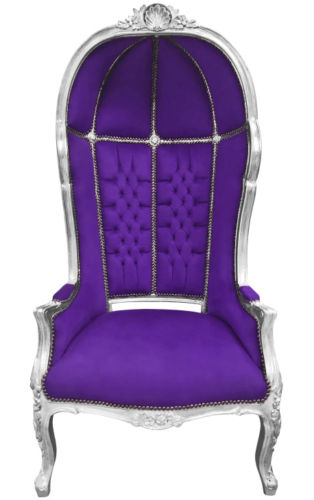 Grand porter's Baroque style chair purple velvet and silver wood