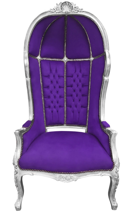 Grand fauteuil carrosse de style baroque tissu velours mauve et bois argent