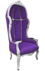 Grand fauteuil carrosse de style baroque tissu velours mauve et bois argent