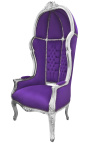 Grand fauteuil carrosse de style baroque tissu velours mauve et bois argent