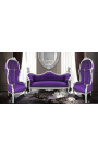 Grand fauteuil carrosse de style baroque tissu velours mauve et bois argent