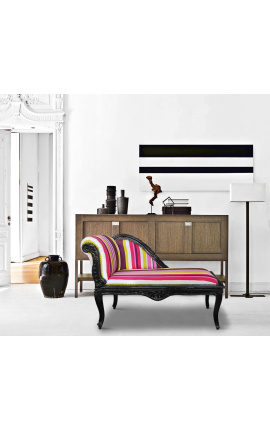Chaise longue d&#039;estil Lluís XV en teixit de ratlles multicolors i fusta negra