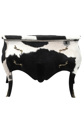 Comodă stil Ludovic al XV-lea piele de vacă neagră adevărată 2 sertare