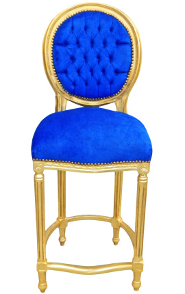Bar chair Louis XVI style blue velvet fabric and gold wood