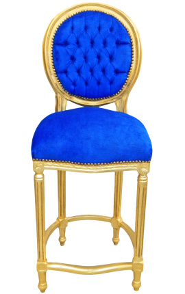 Chaise de bar de style Louis XVI à pompon, velours bleu et bois doré