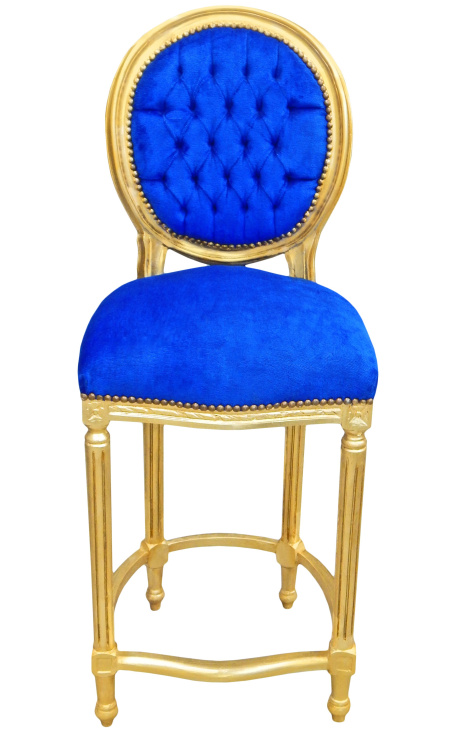 Bar chair Louis XVI style blue velvet fabric and gold wood