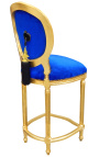 Krzesło barowe w stylu Ludwika XVI z niebieskiego aksamitu i złotego drewna