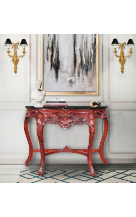 Console de style baroque bois teinté acajou et marbre noir