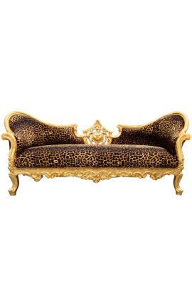 Barokke bank in medaillonstijl Napoleon III in luipaardstof en goudkleurig hout