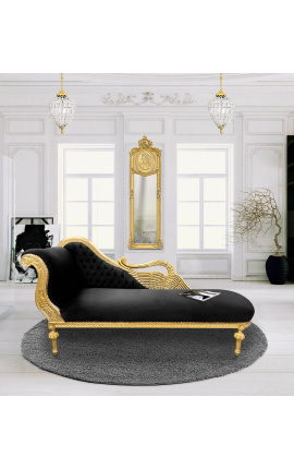 Große Barock-Chaiselongue mit Schwanenmotiv aus schwarzem Samt und goldenem Holz