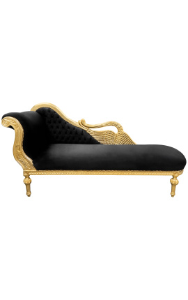 Große Barock-Chaiselongue mit Schwanenmotiv aus schwarzem Samt und goldenem Holz