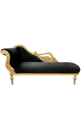 Large baroque chaise longue with a swan black velvet and gold wood
