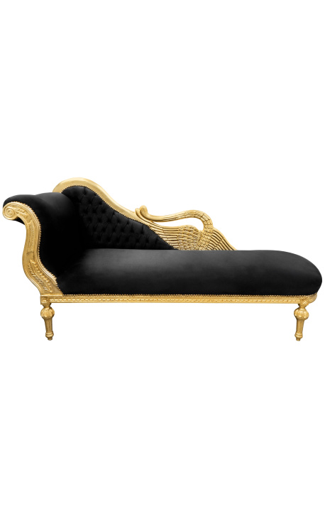 Grote barok chaise longue met een zwaan zwart fluweel en goud hout