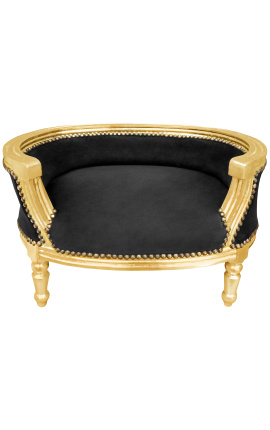 Baročni raztegljiv kavč za psa ali mačko iz črnega žameta in zlatega lesa