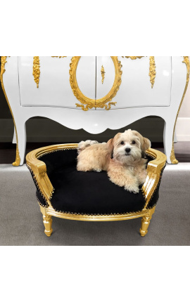 Barokní rozkládací pohovka pro psa nebo kočku černý samet a zlaté dřevo