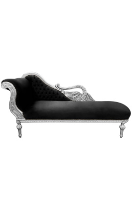 Gran chaise barroco longue con un terciopelo negro cisne y madera de plata