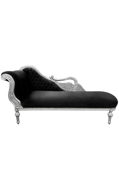 Gran chaise barroco longue con un terciopelo negro cisne y madera de plata