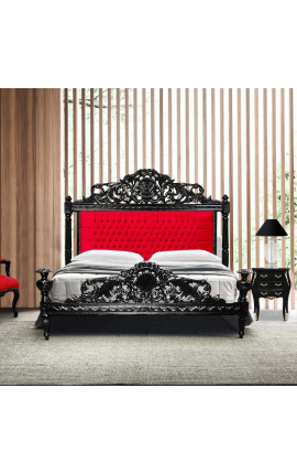 Barokk ágy vörös bársony anyaggal és feketére lakkozott fával.