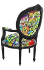 Barock-Sessel im Louis XVI-Stil, Medaillon, Leder, Dekor im Comic-Stil und schwarzes Holz
