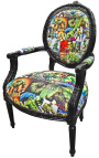 Barokke fauteuil Lodewijk XVI-stijl medaillon leer Comics-stijl decor en zwart hout