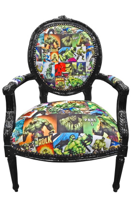 Barokke fauteuil Louis XVI-stijl medaillon leer Comics-stijl decor en zwart hout