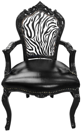 Poltrona estilo barroco rococó couro sintético preto e encosto zebra e madeira preta