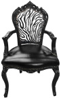 Fotel Barokowy Rococo Styl krzesło Zebra i czarna skóra z błyszczącym czarnym drewnem - 1