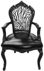 Fotelis Baroko rokoko stiliaus kėdė zebras ir juoda netikra oda su juodai lakuota mediena
