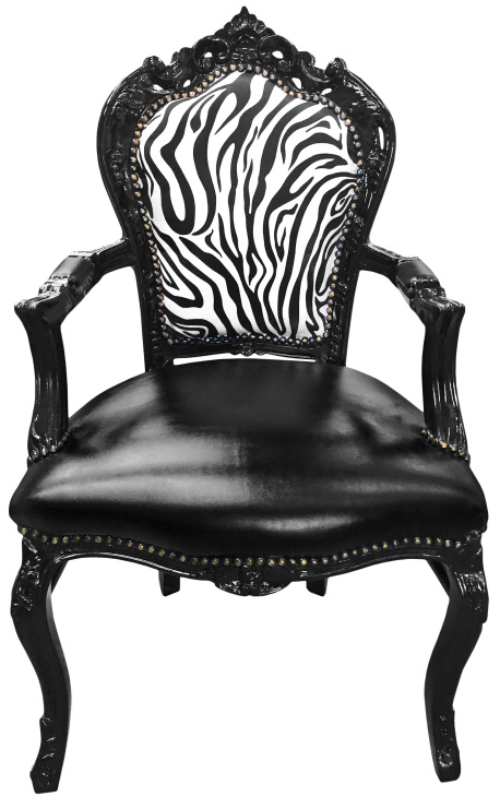 Fotoliu Scaun stil baroc rococo zebra si piele falsa neagra cu lemn lacuit negru