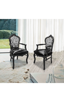 Nojatuoli barokkirokokootyylinen tuoli seepra ja musta tekonahka mustalla lakatulla puulla