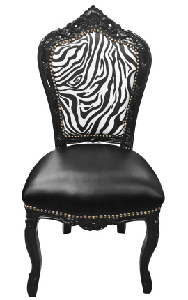 Cadeira estilo barroco rococó couro sintético preto, encosto zebra e madeira preta