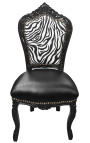 Chaise de style Baroque Rococo simili cuir noir, dossier zèbre et bois noir