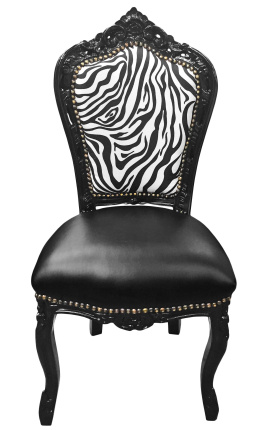 Μπαρόκ Rococo στυλ καρέκλα Zebra και μαύρη δερμάτινη με γυαλιστερό μαύρο ξύλο