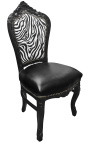 Chaise de style Baroque Rococo simili cuir noir, dossier zèbre et bois noir