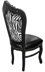 Cadeira estilo barroco rococó couro sintético preto, encosto zebra e madeira preta