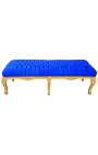 Płaska ławka, niebieski aksamit w stylu Ludwika XV i złote drewno 
